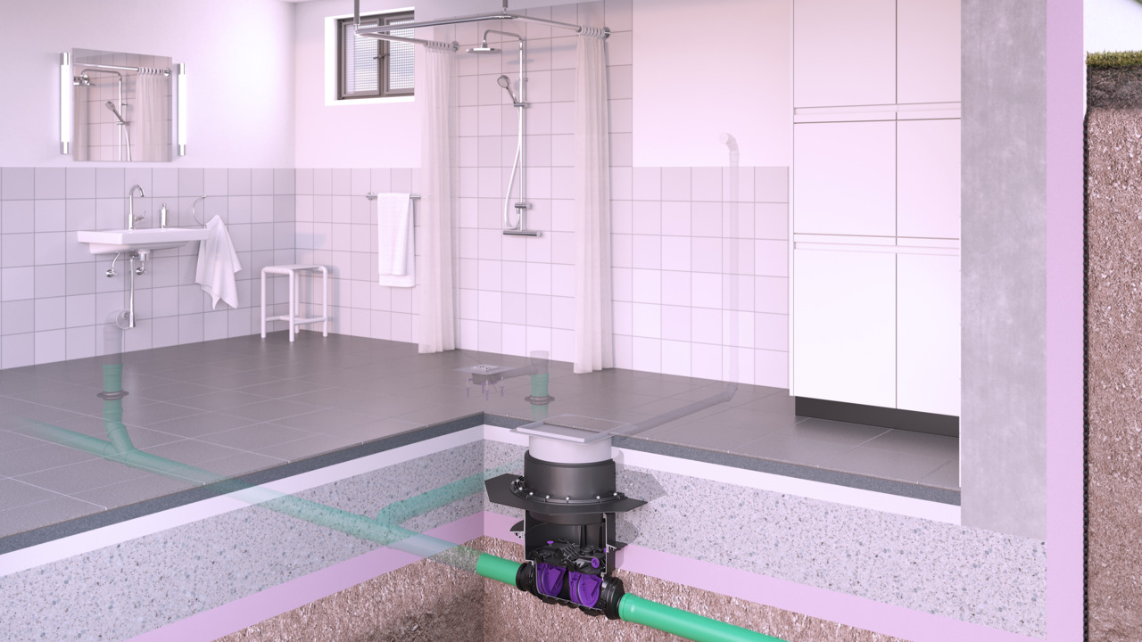 Installation diagram for the Staufix SWA backwater valve for installation in the floor slab