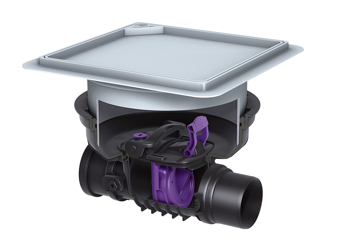 Staufix backwater valve with one flap for installation in a concrete floor. Staufix backwater valve with one flap for installation in a concrete floor.