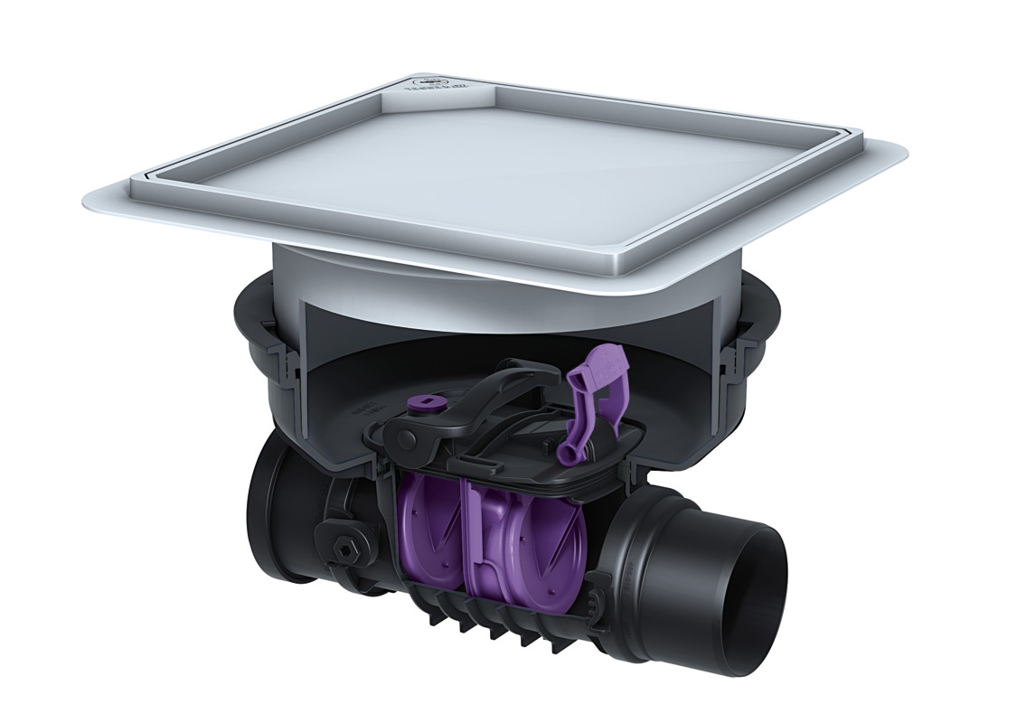 Staufix backwater valve with two flaps for installation in a concrete floor. Staufix backwater valve with two flaps for installation in a concrete floor.