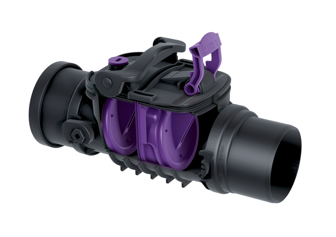 Staufix backwater valve with two flaps for exposed drainage pipes. Staufix backwater valve with two flaps for exposed drainage pipes.