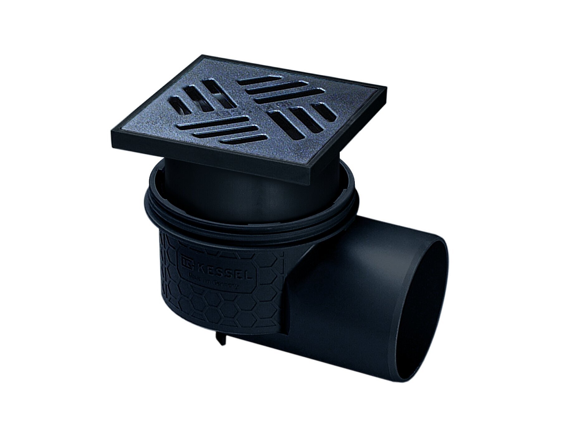 Practicus floor drain with a horizontal outlet and black polymer slotted cover Practicus floor drain with a horizontal outlet and black polymer slotted cover