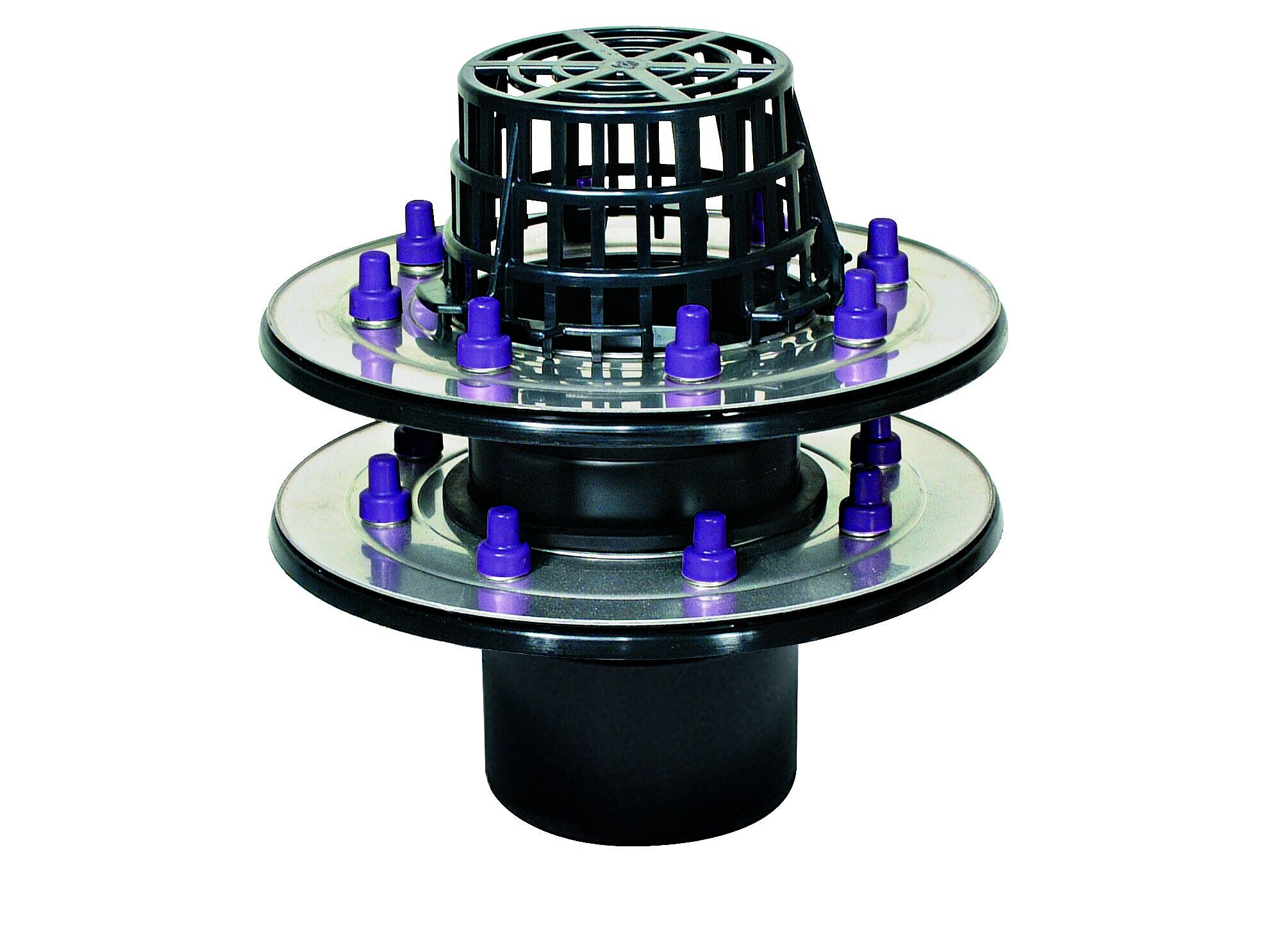 Roof drain for flat roof surfaces with a double pressure sealing flange Roof drain for flat roof surfaces with a double pressure sealing flange