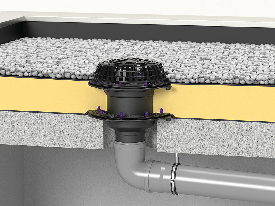 Installation diagram for the Ecoguss roof drain for flat roof surfaces with a double waterproofing layer for installation in waterproof concrete Installation diagram for the Ecoguss roof drain for flat roof surfaces with a double waterproofing layer for installation in waterproof concrete