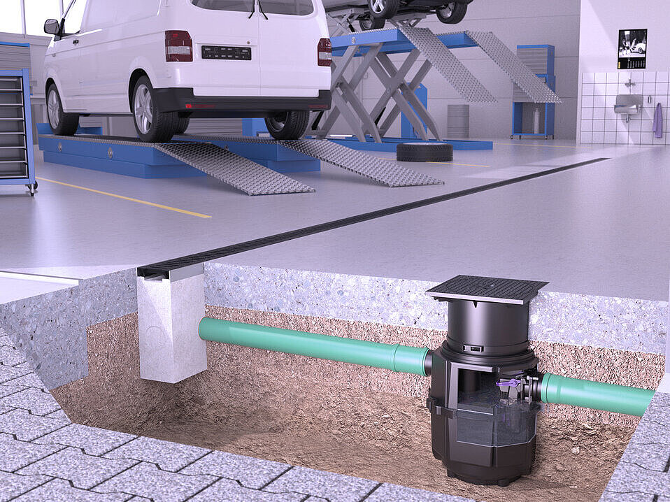 Oil separator in a vehicle repair shop Oil separator in a vehicle repair shop