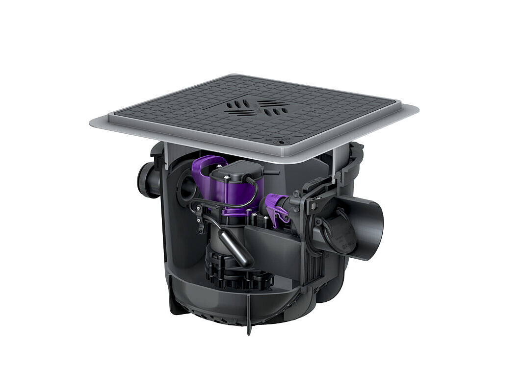 Pumpfix S Underfloor basement drain for floor slab installation, with a black cover Pumpfix S Underfloor basement drain for floor slab installation, with a black cover