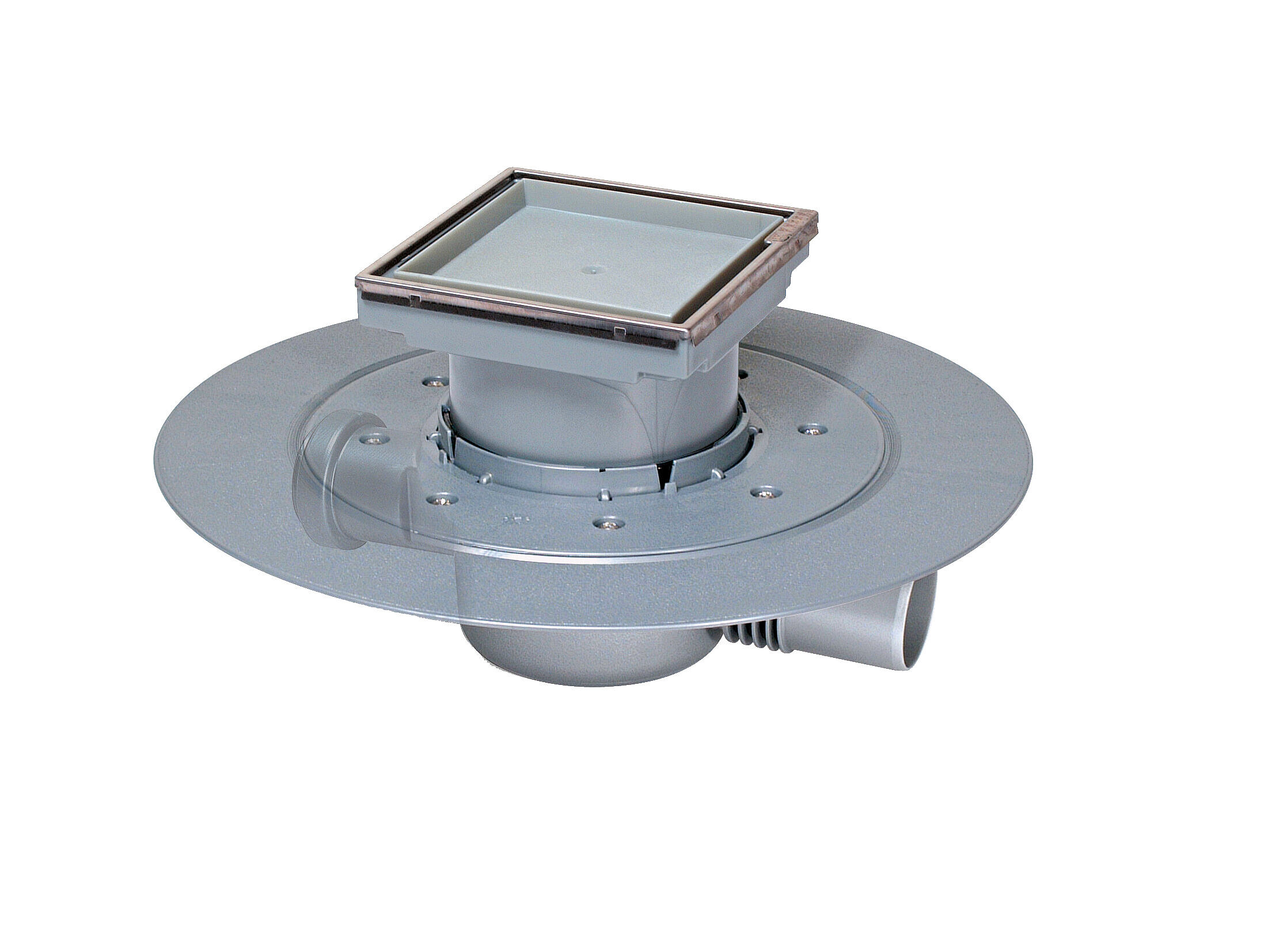 The Superflat bathroom drain with a flange and tileable upper section The Superflat bathroom drain with a flange and tileable upper section