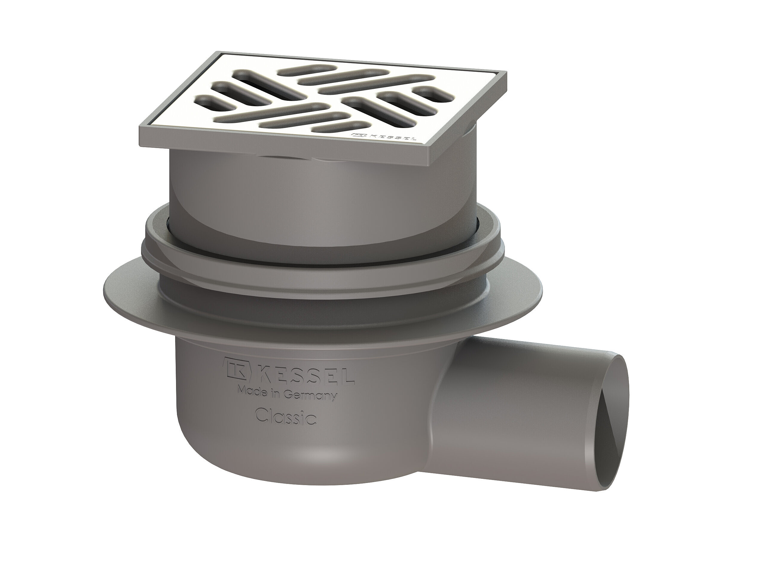 Classic bathroom drain with a horizontal outlet and an upper section with a slotted cover Classic bathroom drain with a horizontal outlet and an upper section with a slotted cover