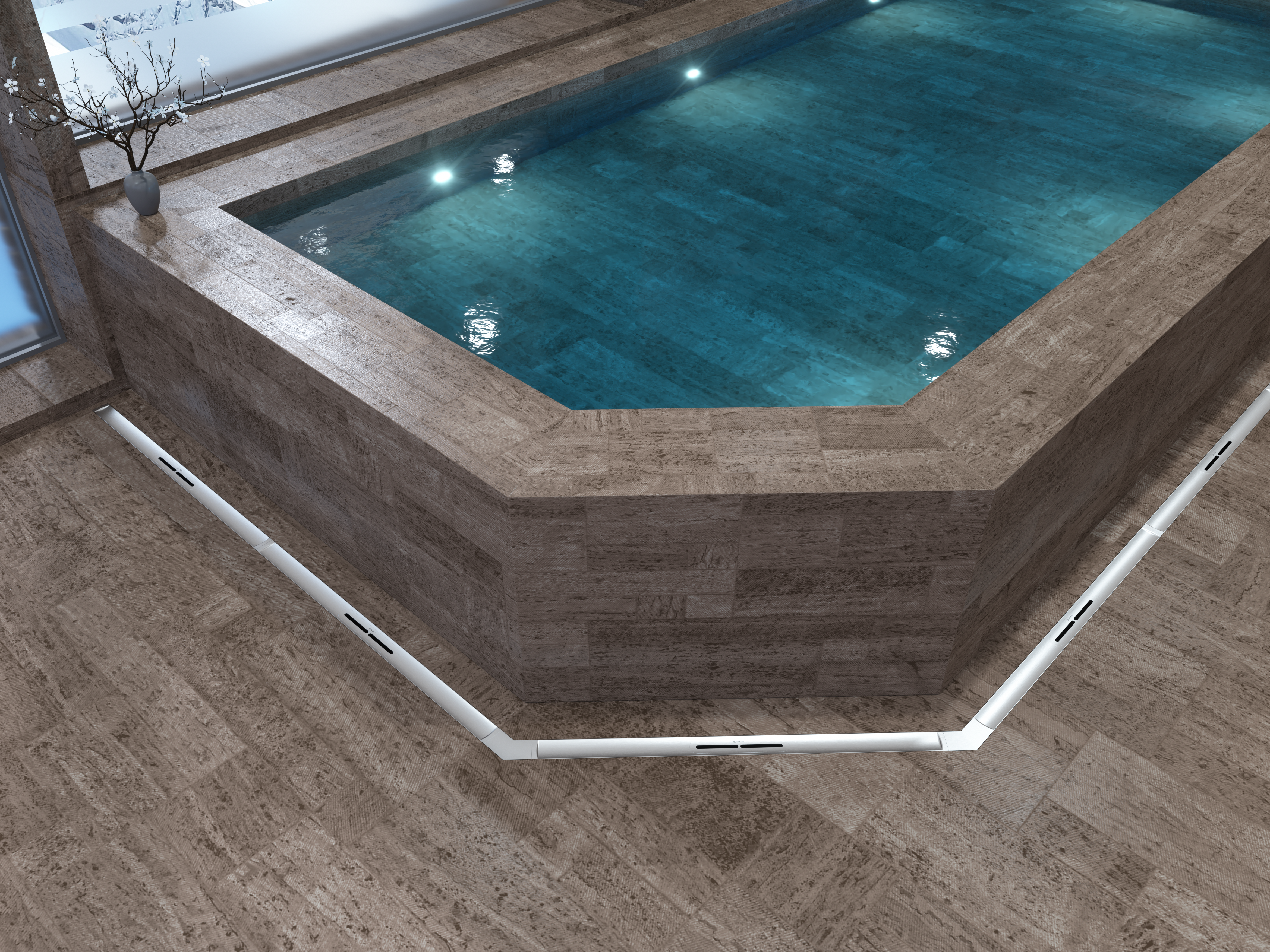 Installation diagram for the Linearis Infinity shower channel, stainless steel surface, in a wellness area Installation diagram for the Linearis Infinity shower channel, stainless steel surface, in a wellness area