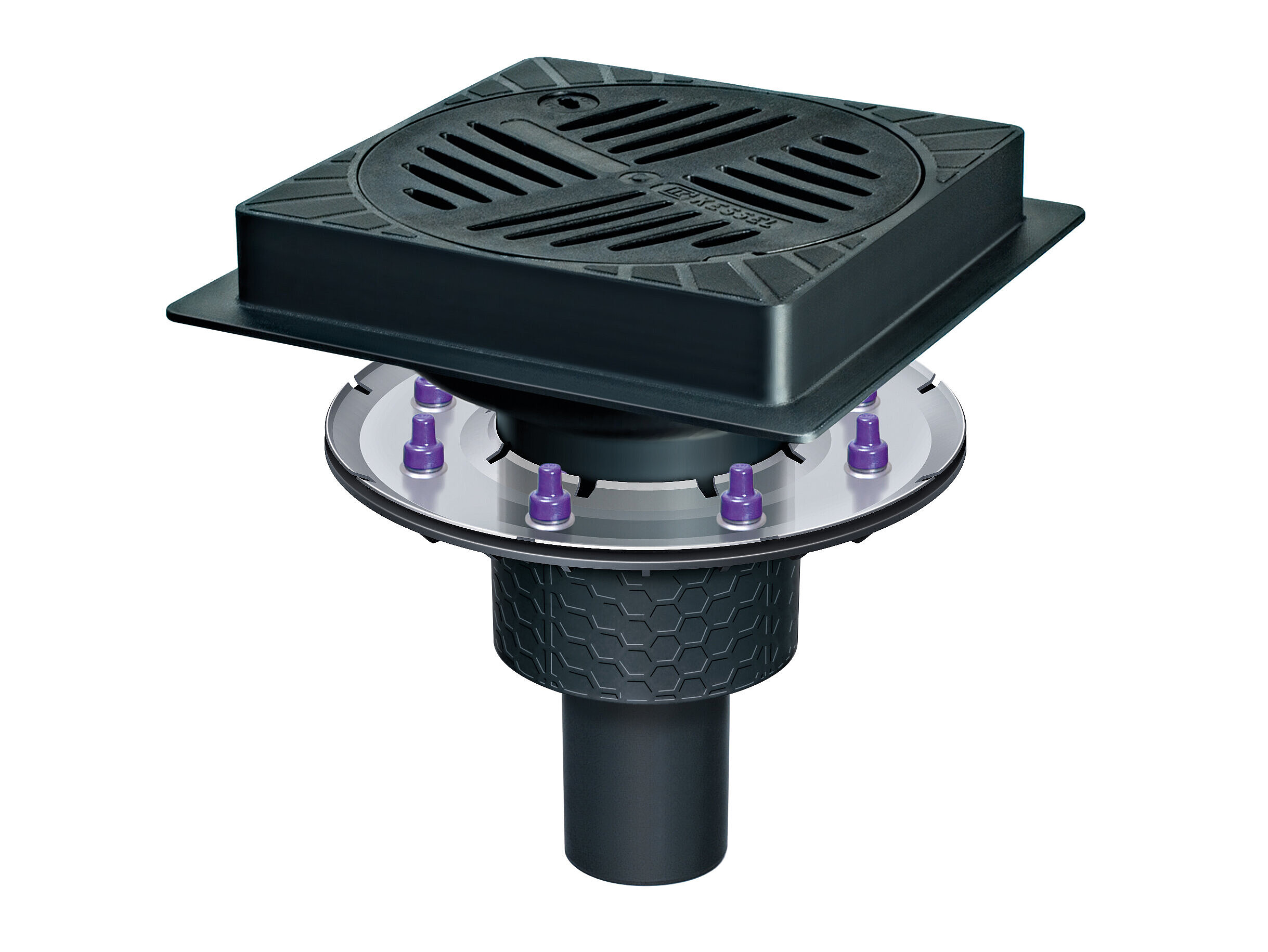 Ecoguss parking deck drain, square, with an Ecoguss drain body and pressure sealing flange Ecoguss parking deck drain, square, with an Ecoguss drain body and pressure sealing flange