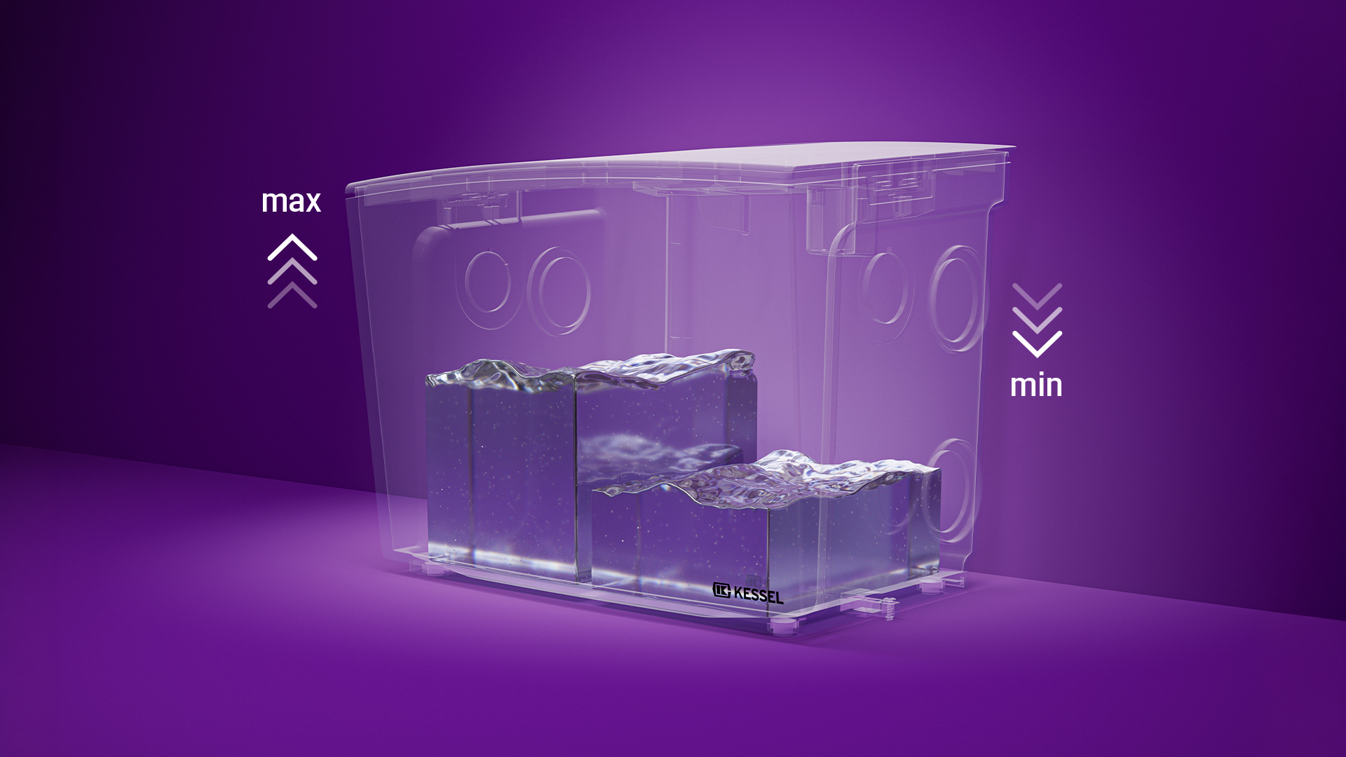 Adjustable pumping volume Illustration of a Minilift tank, with the fill level high on one side and low on the other.
