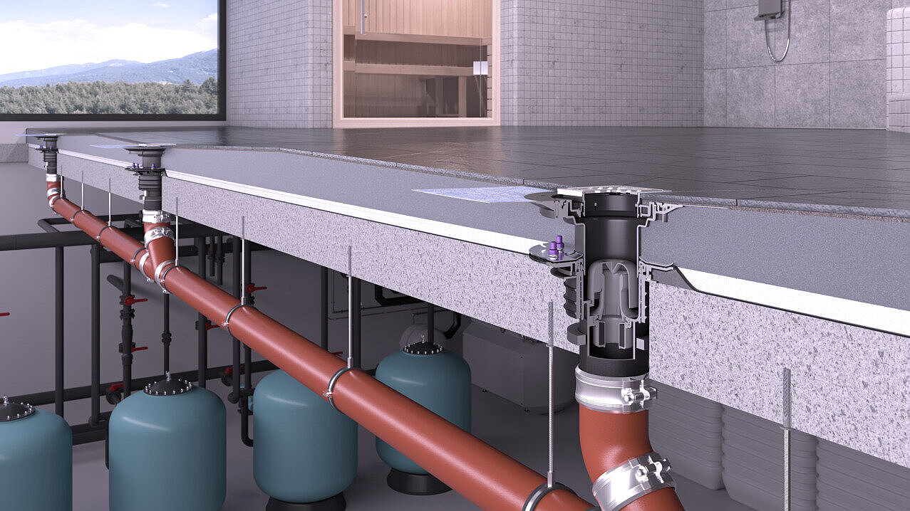 project drain Drains in a swimming pool, with a view of the pipework in the basement.